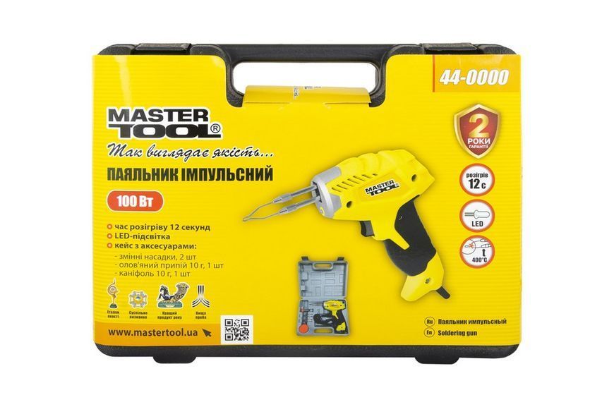 Паяльник імпульсний MASTERTOOL з трансформатором 100 Вт/220-240 V/50 Hz 0-400&deg;С LED пластиковий кейс/аксессуари 44-0000 27267 фото