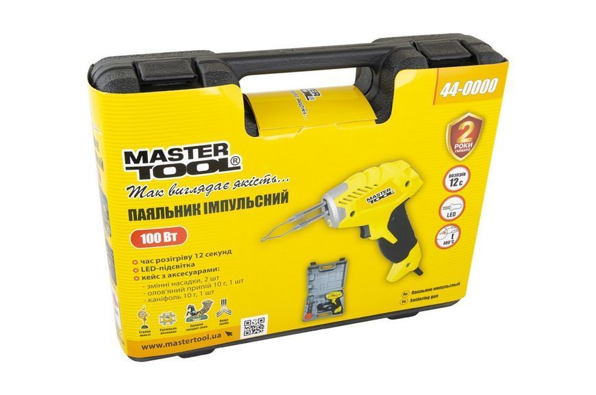 Паяльник імпульсний MASTERTOOL з трансформатором 100 Вт/220-240 V/50 Hz 0-400&deg;С LED пластиковий кейс/аксессуари 44-0000 27267 фото