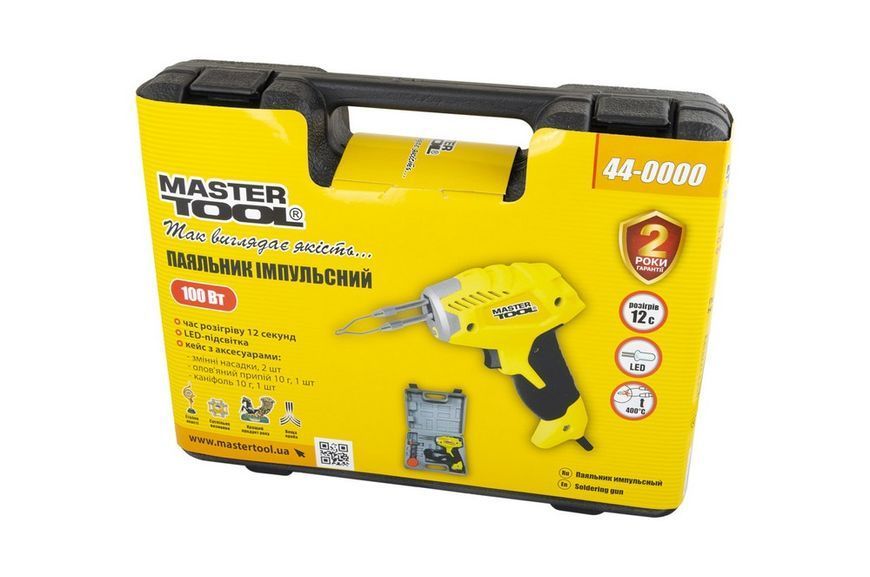 Паяльник імпульсний MASTERTOOL з трансформатором 100 Вт/220-240 V/50 Hz 0-400&deg;С LED пластиковий кейс/аксессуари 44-0000 27267 фото