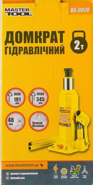 Домкрат гідравлічний пляшковий MASTERTOOL 2 т 181-345 мм 86-0020 26816 фото
