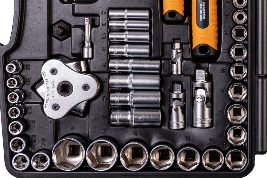 Набір інструментів MASTERTOOL PROFI &frac14;"&⅜"&&frac12;"&TORX 121 шт 4-13 мм 9-19 мм 20-32 мм Е8-Е20 CrV50BV30 протиударний кейс 78-5121 27434 фото
