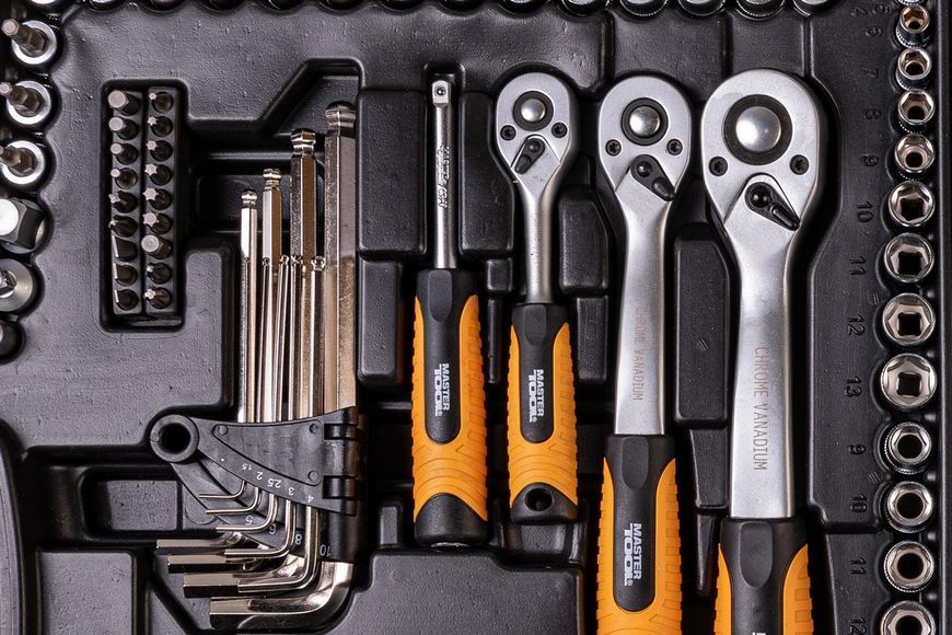 Набір інструментів MASTERTOOL PROFI &frac14;"&⅜"&&frac12;"&TORX 121 шт 4-13 мм 9-19 мм 20-32 мм Е8-Е20 CrV50BV30 протиударний кейс 78-5121 27434 фото