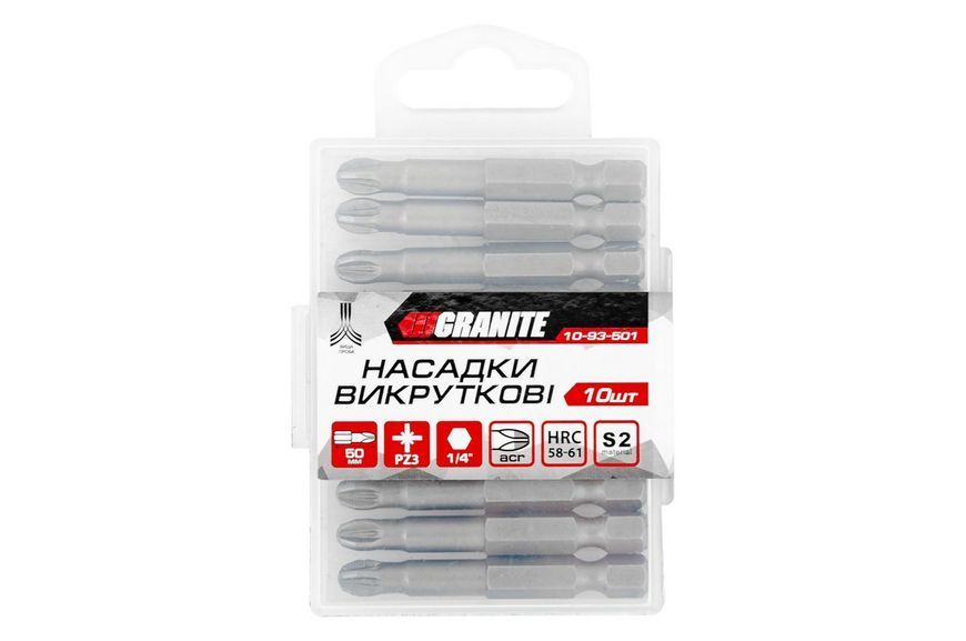 Насадка викруткова GRANITE PZ3 50 мм &frac14;" S2 набір 10 шт 10-93-501 30339 фото