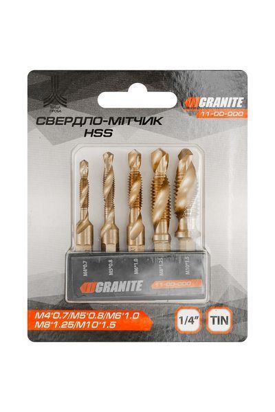 Набір свердел-мітчиків GRANITE HSS M4х0.7 мм/ M5х0.8 мм/ M6х1.0 мм/ M8х1.25 мм/ M10х1.5 мм DIN338 11-00-000 32313 фото
