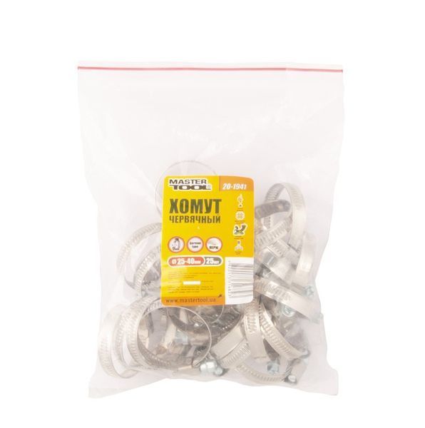 Хомут черв'ячний MASTERTOOL German type W2 DIN 3017 9.0 мм &Oslash; 25-40 мм 25 шт 20-1941 26132 фото