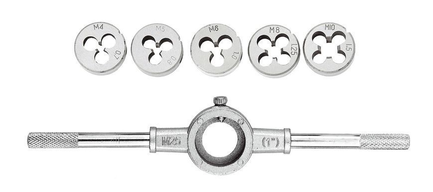 Плашки для нарізання різьби MASTERTOOL M4/M5/M6/M8/M10 з тримачем набір 6 шт 15-0406 26890 фото