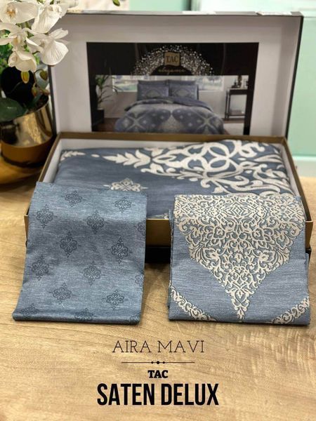 Двоспальний Євро комплект TAC Aira Blue Сатин-Delux 26502 фото