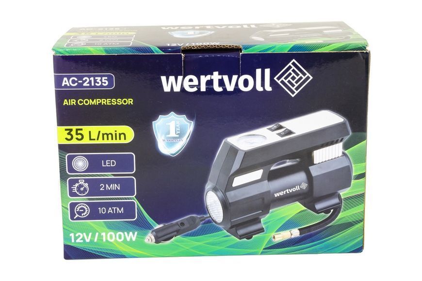 Компресор автомобільний WERTVOLL 12 V 150 PSI 8 A 100 Вт 35 л/хв AC-2135 30521 фото