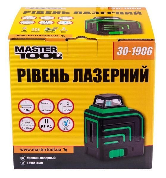Рівень лазерний MASTERTOOL 10 м &plusmn;0.2 мм/м 2 гол H/V/H+V H360&deg;/V110&deg; &plusmn;3&deg; GREEN/510 нм клас II IP54 Li-ion/ААх3 сумка 30-1906 29296 фото