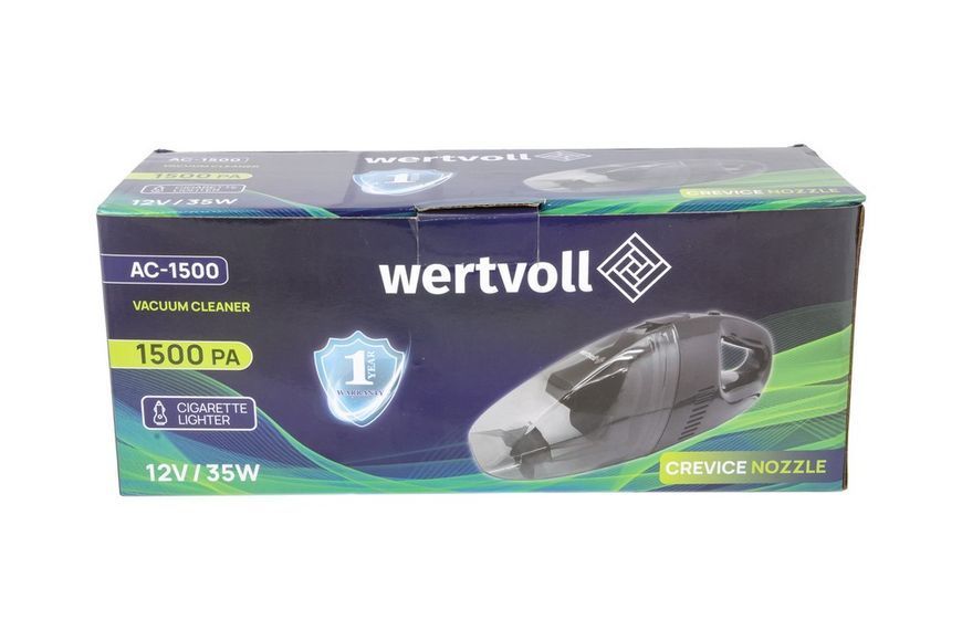 Пилосос автомобільний WERTVOLL 1500 PA 12 V 3 A 35 Вт пилозбірник 0,3 л сухе та вологе прибирання AC-1500 30522 фото