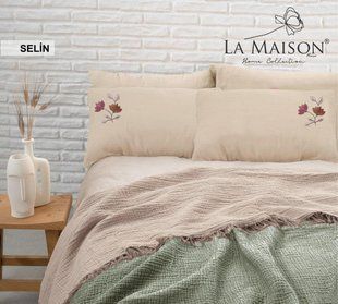Літня постільна білизна з мусліновим покривалом-піке La Maison Selin Yesil Bej 56332 фото