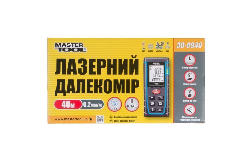Далекомір лазерний MASTERTOOL до 40 м &plusmn;2 мм/м пам'ять 30 клас лазера I IP54 живлення АААх2 чохол 30-0940 26189 фото