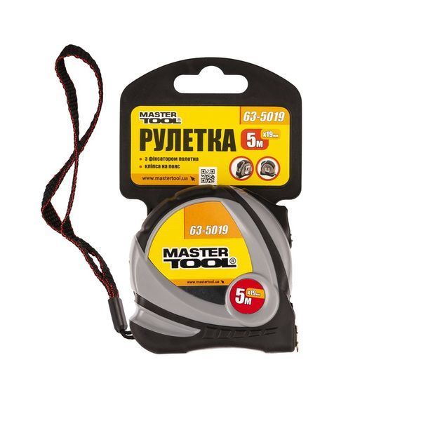 Рулетка MASTERTOOL 5 м 19 мм фиксатор полотна покрытие TPR 63-5019 28005 фото
