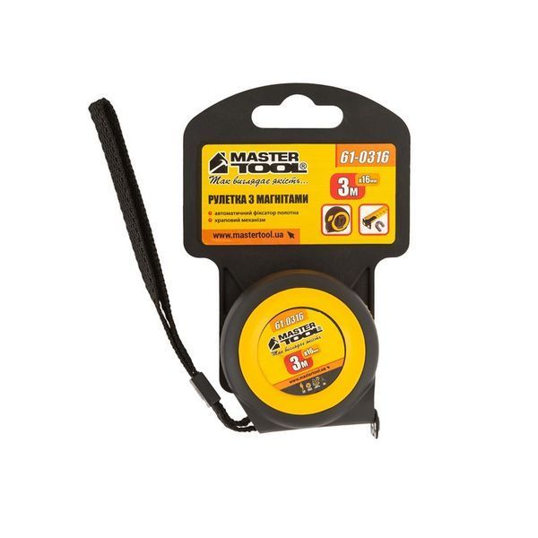 Рулетка MASTERTOOL 3 м&times;16 мм з магнітами автоматичний фіксатор покриття TPR храповий механізм 61-0316 31639 фото