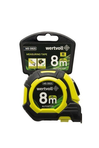 Рулетка WERTVOLL 8 м&times;25 мм дві кнопки AUTOSTOP покриття TPR нейлонове покриття протиковзний гачок MS-0825 33965 фото