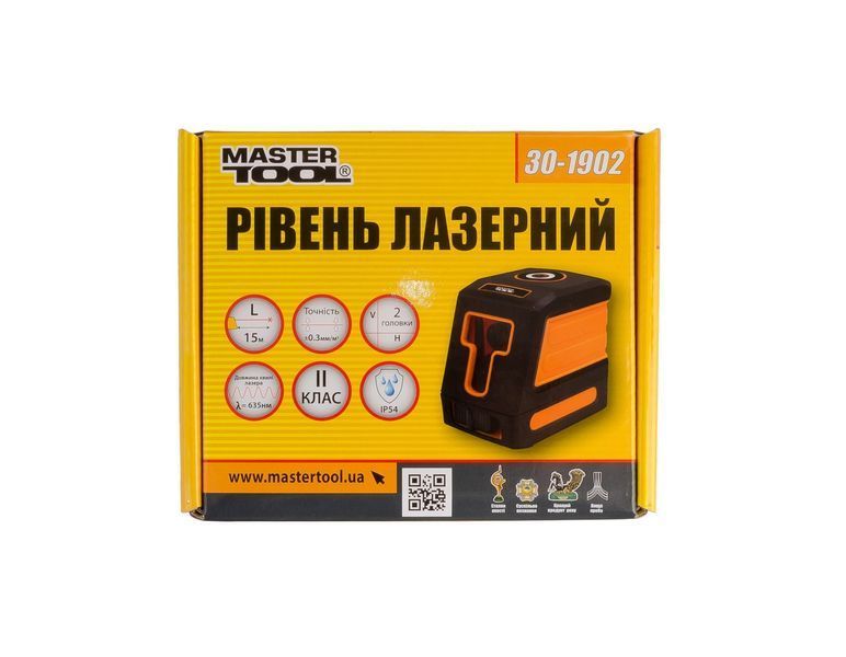 Лазерный уровень MASTERTOOL 15м &plusmn;0,3мм/м 2 гол H/V/H+V RED/635нм класс лазера II IP54 АА*4 30-1902 27404 фото