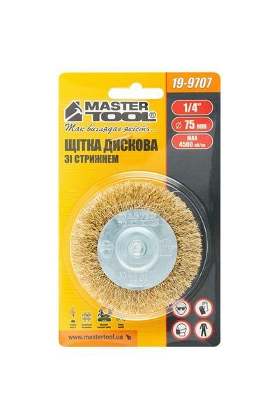 Щітка дискова MASTERTOOL з латунованого рифленого дроту &Oslash; 75 мм зі стрижнем &frac14;" 19-9707 25811 фото