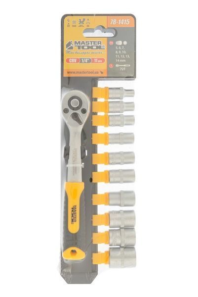 Набір головок торцевих 6-гранних MASTERTOOL &frac14;" 5-14 мм з тріскачкою 72 зубці CrV 11 шт 78-1415 33116 фото