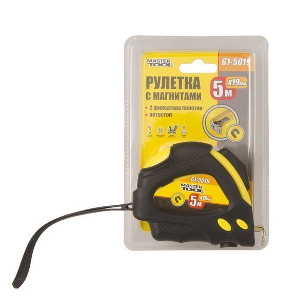 Рулетка MASTERTOOL 5 м 19 мм с магнитами 2 фиксатора покрытие TPR 61-5019 27086 фото